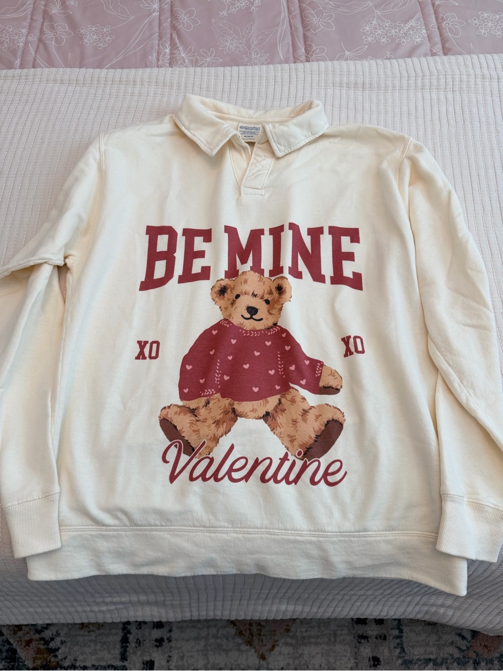 Cream 'Be Mine Valentine' Teddy Graphic Rugby Sweatshirt